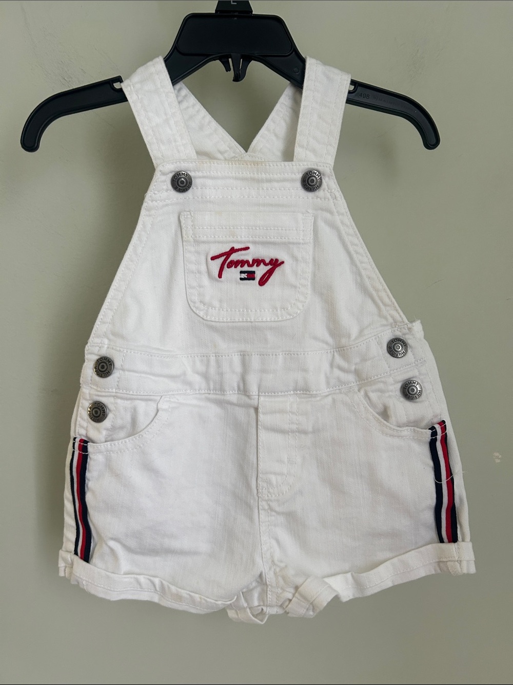 Tommy Hilfiger White Denim Toddler Overall Shorts with Red & Navy Trim